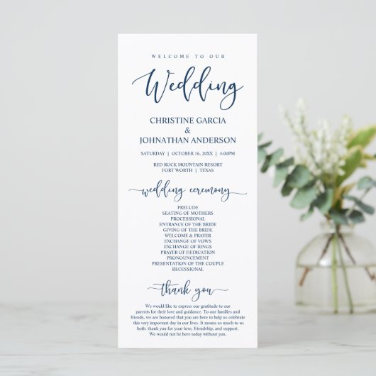 Elegant Navy Blue Script, Unsere Hochzeitsfeier Programm (Stehend Vorderseite)