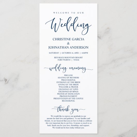 Elegant Navy Blue Script, Unsere Hochzeitsfeier Programm (Vorderseite)