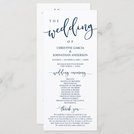 Elegant Navy Blue Script, Unsere Hochzeitsfeier Programm (Vorne/Hinten)