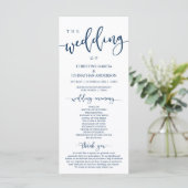Elegant Navy Blue Script, Unsere Hochzeitsfeier Programm (Stehend Vorderseite)