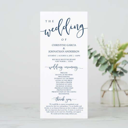 Elegant Navy Blue Script, Unsere Hochzeitsfeier Programm (Stehend Vorderseite)