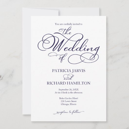 Elegant Navy Blue Script Wedding Einladung (Vorderseite)
