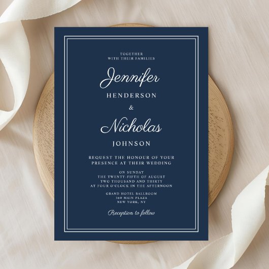 Elegant Navy Blue Script Wedding Einladung