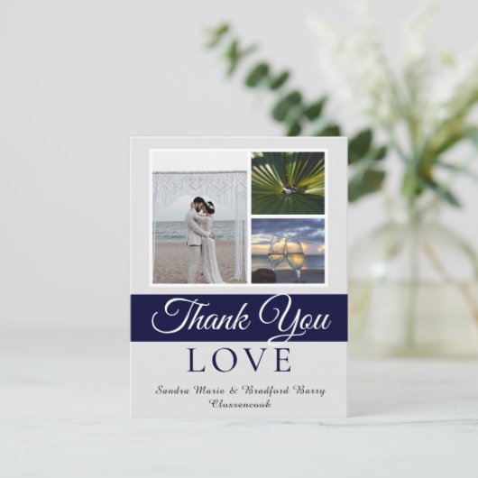 Elegant Navy Blue Script Wedding Foto Collage Dankeskarte (Stehend Vorderseite)