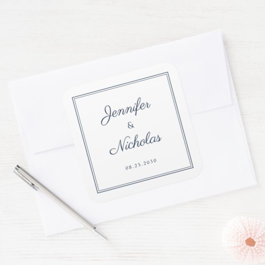 Elegant Navy Blue Script Wedding Quadratischer Aufkleber (Umschlag)