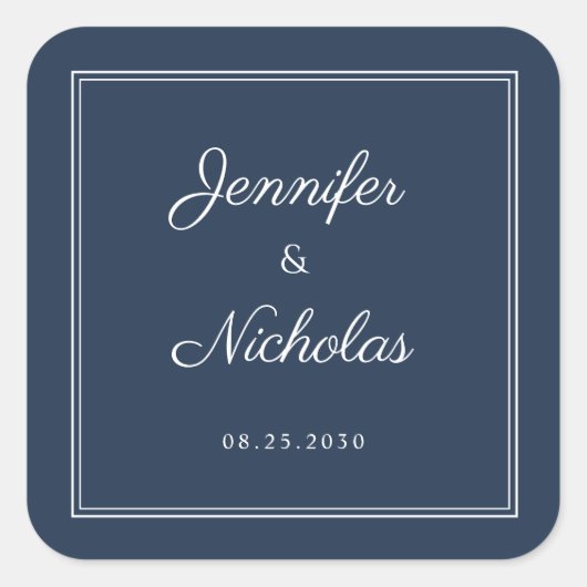 Elegant Navy Blue Script Wedding Quadratischer Aufkleber (Vorderseite)