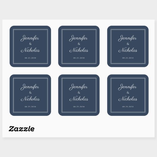 Elegant Navy Blue Script Wedding Quadratischer Aufkleber (Blatt)