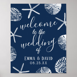 Elegant Navy Blue Seashells Beach Wedding Willkomm Poster