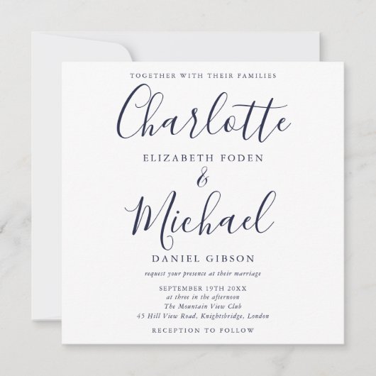 Elegant Navy Blue Signature Script Hochzeit Einladung (Vorderseite)