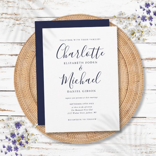 Elegant Navy Blue Signature Script Hochzeit Einladung