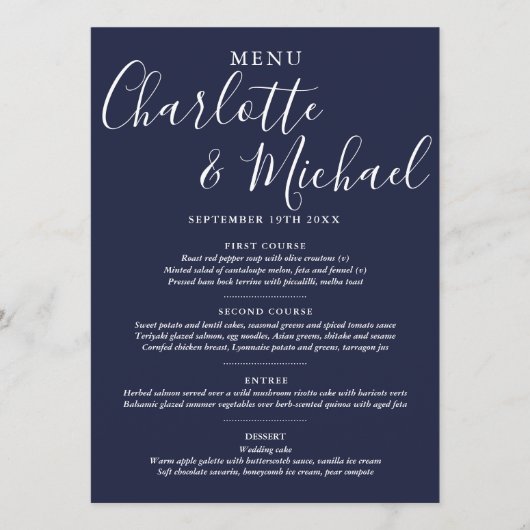 Elegant Navy Blue Signature Script Wedding Menu Menükarte (Vorderseite)