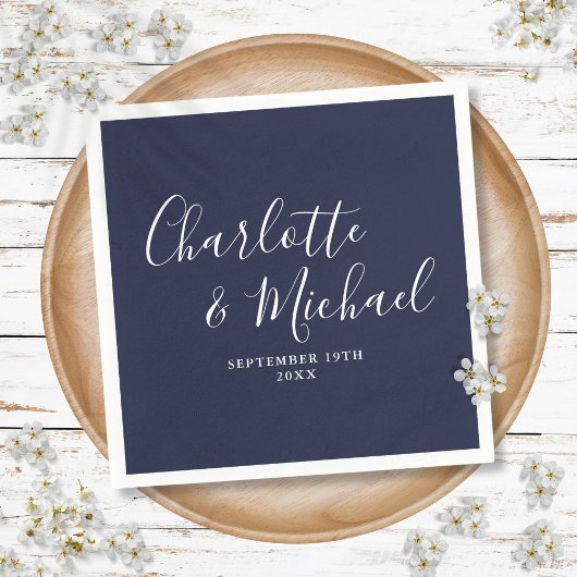 Elegant Navy Blue Signature Wedding Napkins Serviette