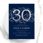 Elegant Navy Blue Silver 30. Geburtstag Einladung<br><div class="desc">Elegant marineblau silber 30. Geburtstag Party Einladung. Individuell anpassbares modernes feminines Design mit Rose botanischen Akzenten und Imitaten Glitzer Silber. Einfache florale Einladungskarte perfekt für eine stilvolle Damenfeier. Personalisieren Sie Ihre persönlichen Daten. Gedruckte Zazzle Einladungen oder Sofortdownload digitalen druckbaren Vorlage.</div>