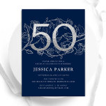 Elegant Navy Blue Silver 50. Geburtstag Einladung<br><div class="desc">Elegant marineblau silber 50. Geburtstagsfeier Einladung. Individuell anpassbares modernes feminines Design mit Rose botanischen Akzenten und Imitaten Glitzer Silber. Einfache florale Einladungskarte perfekt für eine stilvolle Damenfeier. Personalisieren Sie Ihre persönlichen Daten. Gedruckte Zazzle Einladungen oder Sofortdownload digitalen druckbaren Vorlage.</div>