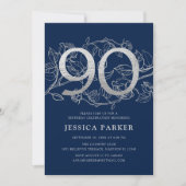 Elegant Navy Blue Silver 90. Geburtstag Einladung (Vorderseite)