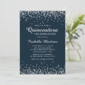Elegant Navy Blue Silver Confetti Quinceañera Einladung (Stehend Vorderseite)