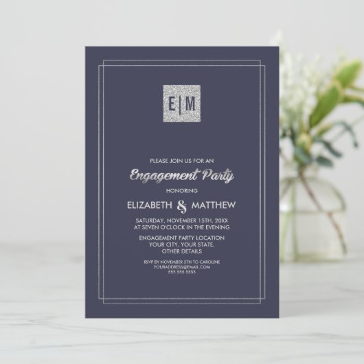 Elegant Navy Blue | Silver Engagement Party Einladung (Stehend Vorderseite)