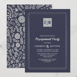 Elegant Navy Blue Silver Engagement Party Einladung