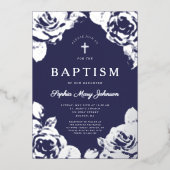 Elegant Navy Blue Silver Floral Boy Taufe Folieneinladung (Vorderseite)