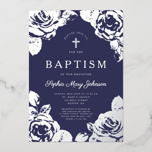 Elegant Navy Blue Silver Floral Boy Taufe Folieneinladung (Vorderseite)