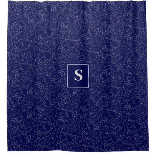 Elegant Navy Blue Silver Floral Monogram Duschvorhang (Vorderseite)