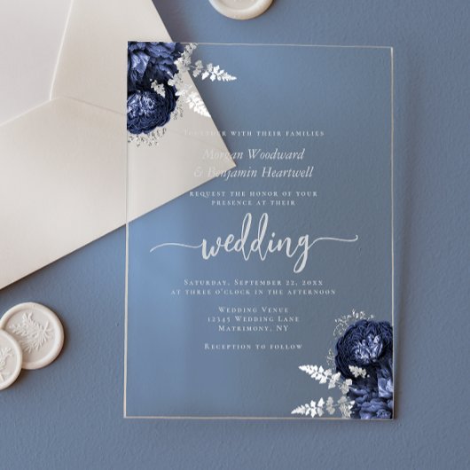 Elegant Navy Blue Silver Floral Wedding Acryleinladungen