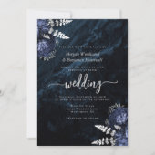 Elegant Navy Blue Silver Floral Wedding Einladung (Vorderseite)