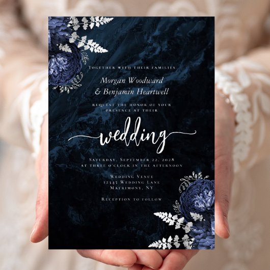 Elegant Navy Blue Silver Floral Wedding Folieneinladung