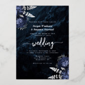 Elegant Navy Blue Silver Floral Wedding Folieneinladung (Vorderseite)