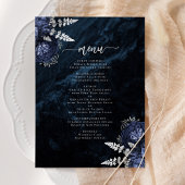 Elegant Navy Blue Silver Floral Wedding Menükarte