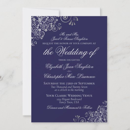 Elegant Navy Blue & Silver Formal Wedding Einladung (Vorderseite)
