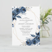 Elegant Navy Blue Silver Geometric Floral Wedding Einladung (Stehend Vorderseite)