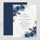 Elegant Navy Blue Silver Geometric Floral Wedding Einladung (Vorne/Hinten)