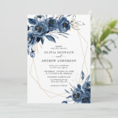 Elegant Navy Blue Silver Geometric Floral Wedding Einladung (Stehend Vorderseite)