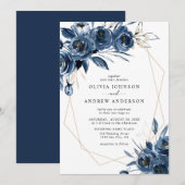 Elegant Navy Blue Silver Geometric Floral Wedding Einladung (Vorne/Hinten)