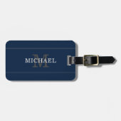 Elegant Navy Blue Silver Monogram Personalisiert Gepäckanhänger (Vorderseite horizontal)