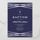 Elegant Navy Blue Silver Script Boy Taufe Folieneinladung (Vorderseite)