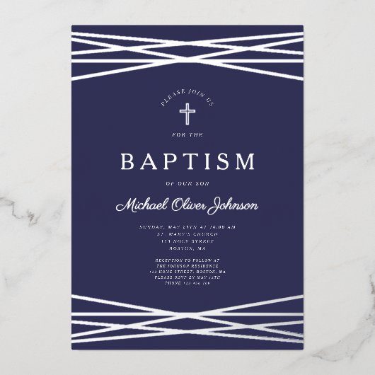 Elegant Navy Blue Silver Script Boy Taufe Folieneinladung (Vorderseite)