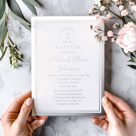 Elegant Navy Blue Silver Script Religiöse Taufe Folieneinladung