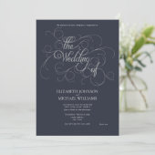 Elegant Navy Blue & Silver Script Wedding Einladung (Stehend Vorderseite)