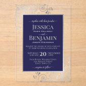Elegant Navy Blue & Silver Stylish Text Wedding Acryleinladungen (Vorderseite)