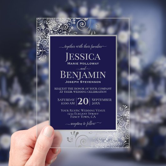 Elegant Navy Blue & Silver Stylish Text Wedding Acryleinladungen