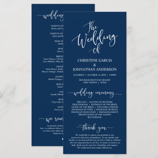 Elegant Navy Blue Skript, Hochzeitfeier Programm (Vorne/Hinten)