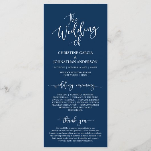Elegant Navy Blue Skript, Hochzeitfeier Programm (Vorderseite)