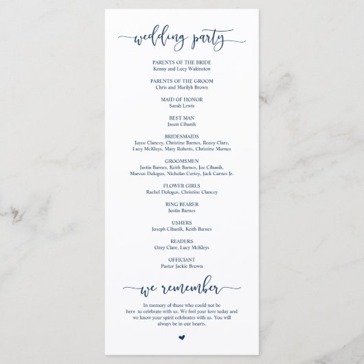 Elegant Navy Blue Skript, Hochzeitfeier Programm (Rückseite)