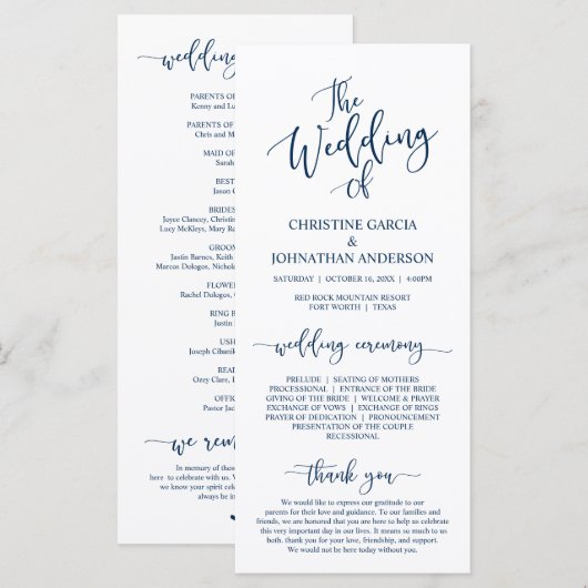 Elegant Navy Blue Skript, Hochzeitfeier Programm (Vorne/Hinten)