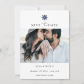 Elegant Navy Blue Snowflake zwei Fotos Hochzeit Save The Date (Vorderseite)