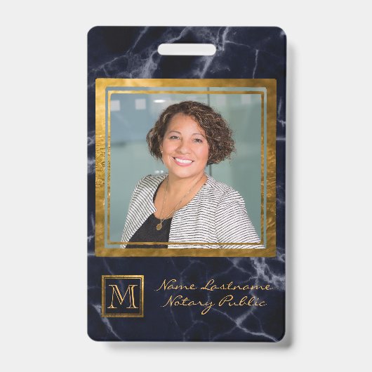 Elegant Navy Blue Square Gold Monogram Notary Ausweis (Vorderseite)