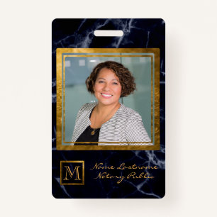 Elegant Navy Blue Square Gold Monogram Notary Ausweis