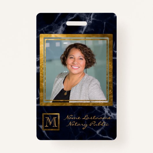 Elegant Navy Blue Square Gold Monogram Notary Ausweis (Vorderseite)